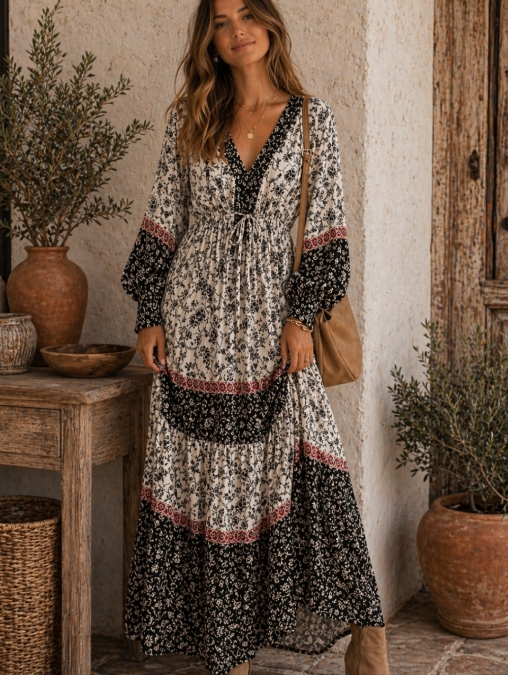 Boho Maxi Dress Floral Long Sleeve Peasant Dress | Size M